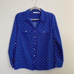 036 Notations Blue and White Patterned Long Sleeve Button Up Blouse​​